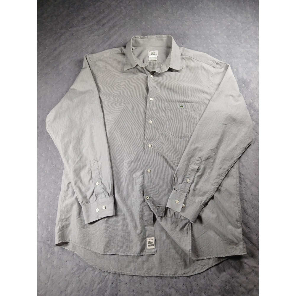 Lacoste Mens Grey Micro Stripe Long Sleeve Button Down Shirt Size 44 XL Pocket